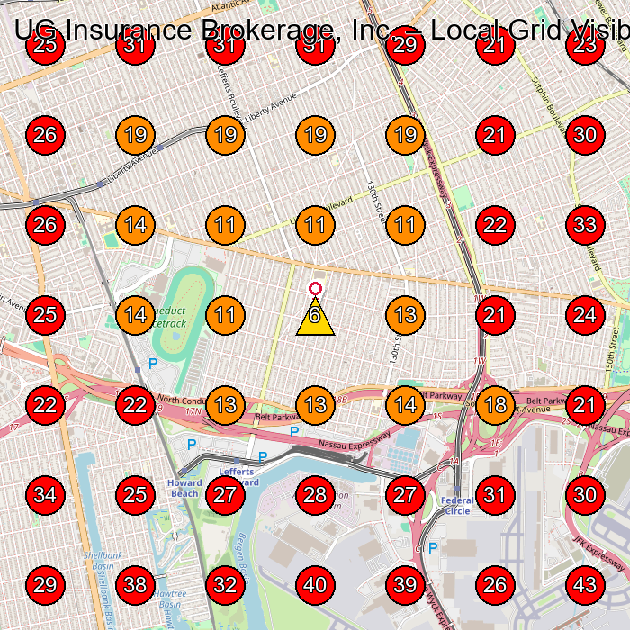 UG Insurance Brokerage, Inc. GeoGrid visibility map for Insurance Agency in Forest Hills